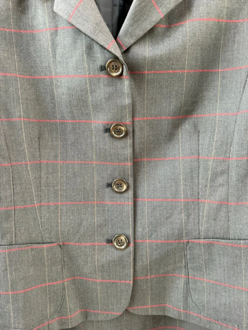 Vintage Herve Benard 100% Wool Suit Gray Red Plaid Jacket Skirt Petite 12P